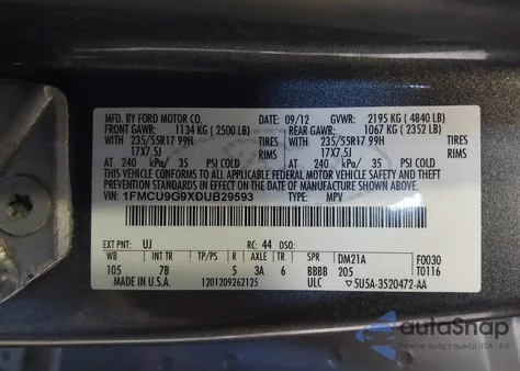 2013 Ford Escape Se из США, поврежденный, VIN 1FMCU9G9XDUB29593